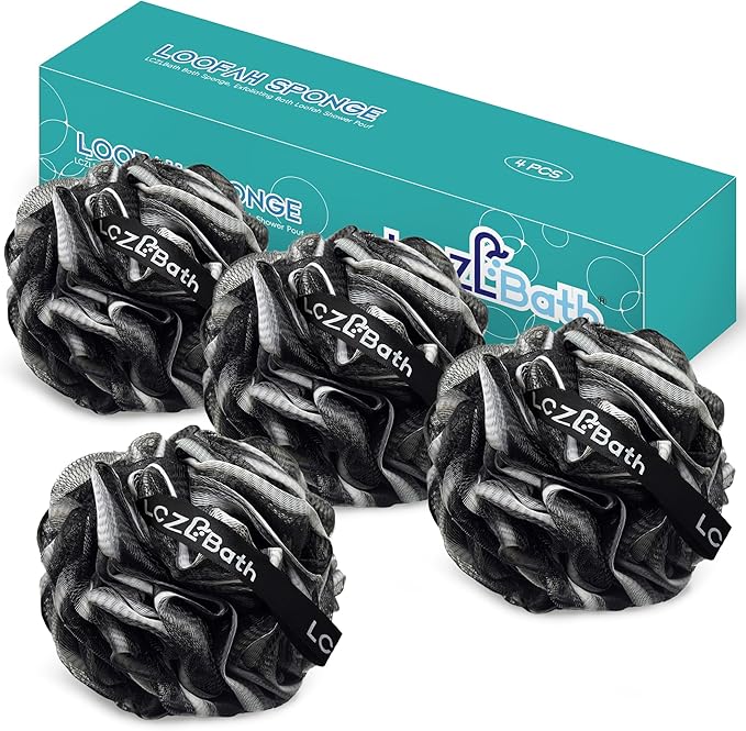Shower Loofah 4PCS Soft Bath Body Sponge 60g Loofa Set Thick Wash Puffs for Women and Men (Black)