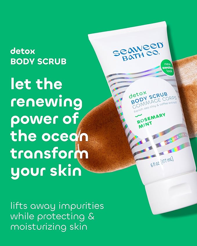 Seaweed Bath Co. Detox Body Scrub - Rosemary Mint - Exfoliating Skin Scrub Removes Dead Skin & Impurities - With French Sea Clay, Coffee Bean Extract - Vegan, Paraben & Sulfate Free - 6 oz
