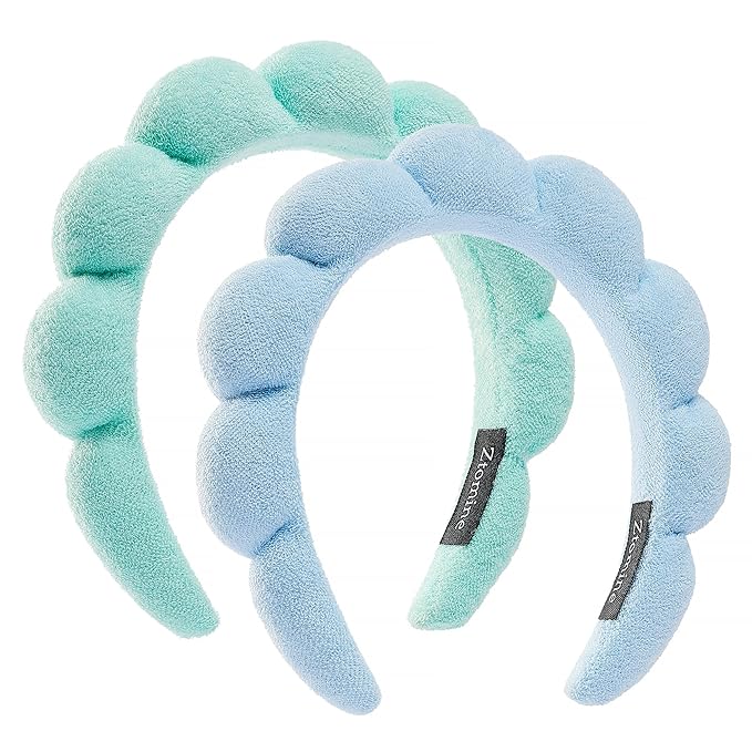 Spa Terry Cloth Face Washing Headband Combo - Set of 2 Puffy Makeup Headbands for Facial Care (Blue + Turquoise)