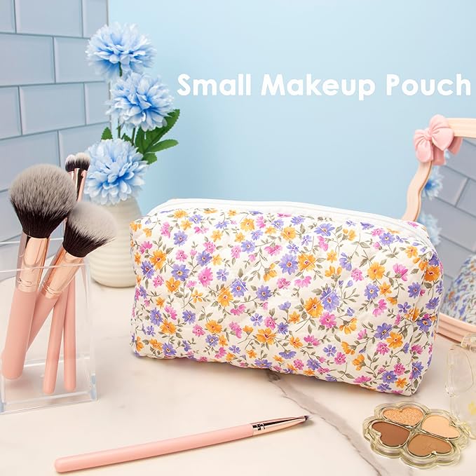 PAZIMIIK 6PCS Vintage Quilted Makeup Bag SET Cosmetic Pouch for Brushes Pencils and Travel Make Up Accessories for Women and Girls,Little flower