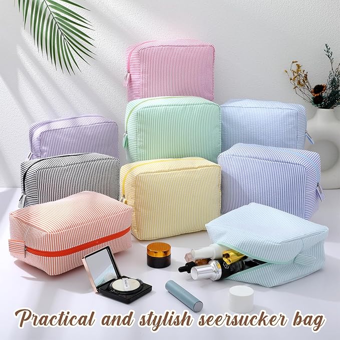 Sanwuta 9 Pcs Seersucker Cosmetic Bag Bulk Pinstripe Makeup Bag for Women Aesthetic Cute Travel Toiletry Organizer Preppy Storage Pouch for Wedding Bridesmaid Christmas Gift (Large, Candy Color)