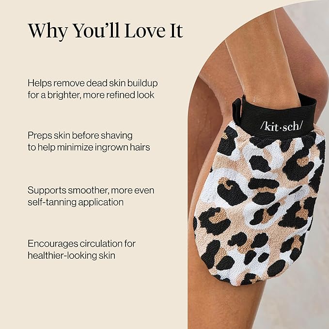 Kitsch Exfoliating Glove 1pc – Korean Exfoliating Mitt & Deep Exfoliating Body Scrubber for Shower, Bath | Body Exfoliator Glove, Dead Skin Remover | Skin Care for Smooth Skin - Leopard