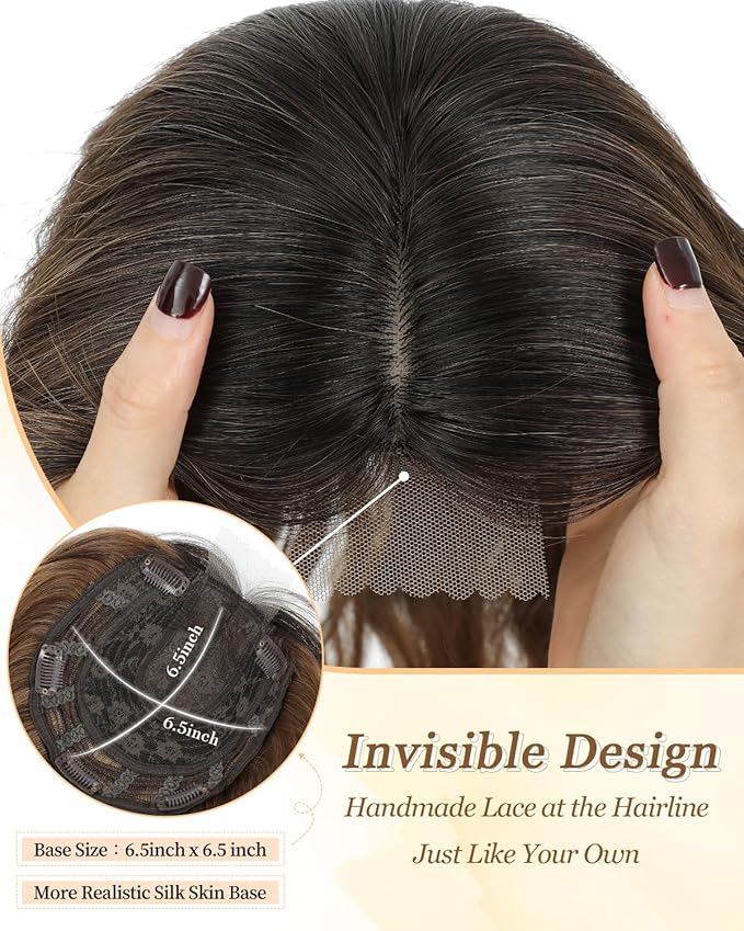 PANEWAY Hair Toppers for Women 16 Inch Synthetic Wavy Clip in Topper Wiglet, Natural Dark Brown Root to Caramel Blonde Ombre with Highlights, Add Volume & Coverage