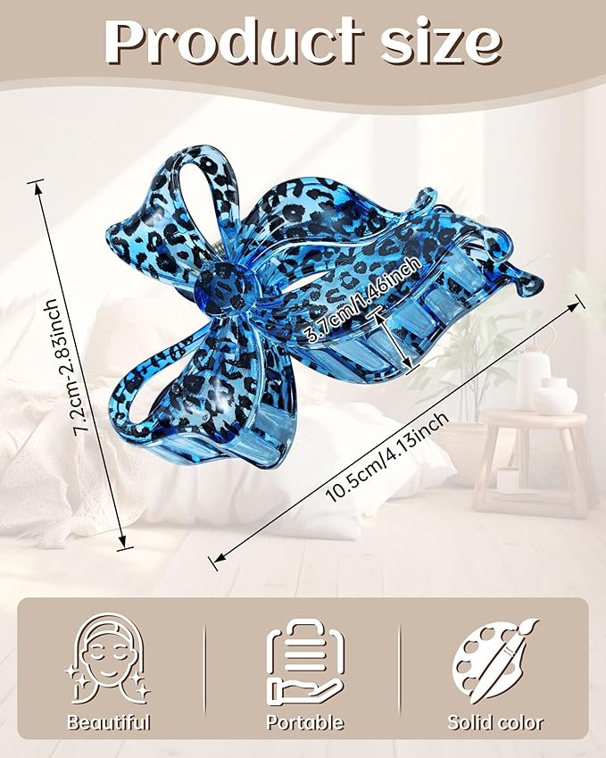 Mesovor 4 pack Cute Bow Claw Clip for Women, Nonslip Large Matte Strong Hold Bows Hair Clips for Thin and Thick Hair | Chic Hair Styling Accessories (Blue Leopard, Coffee Leopard)