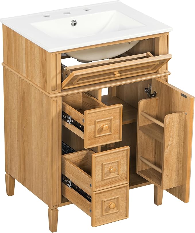 Harper & Bright Designs 24" Bathroom Vanity with Sink, Free Standing Single Basin Vanity Set with Tip-Out Drawer, 2 Drawers, and 2 Doors, Wood Bathroom Cabinet with Ceramic Basin for Bathroom, Wood
