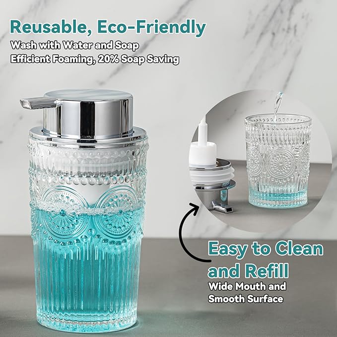 Small Foaming Soap Dispenser, 7 Oz Clear Glass Foam Hand Soap Dispenser for Bathroom, Hand Wash Dispenser with Silver Foam Pump, Refillable Liquid Dish Soap Foam Dispenser for Kitchen
