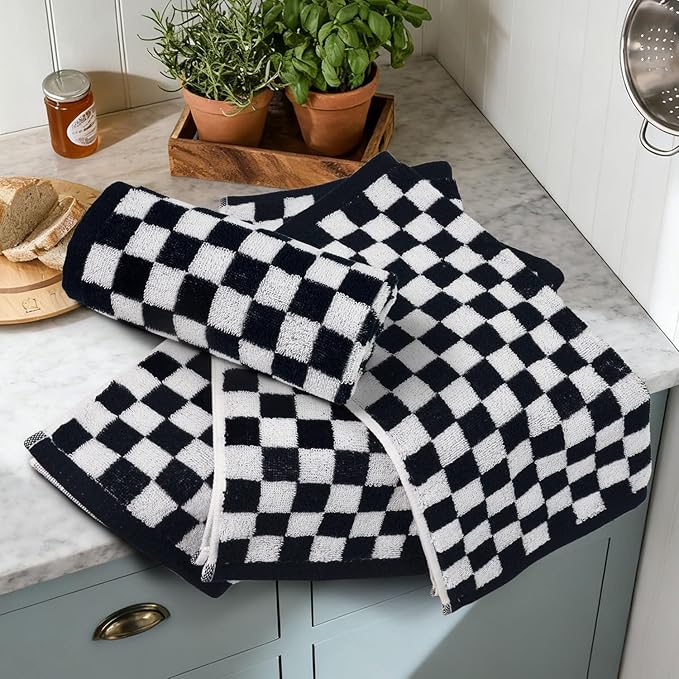 Jacquotha Wash Cloths Checkered 4 Pack (Black and White) - Cotton Washcloths for Face Body, 13 x 13 Inches Daily Cleansing Kitchen Towels