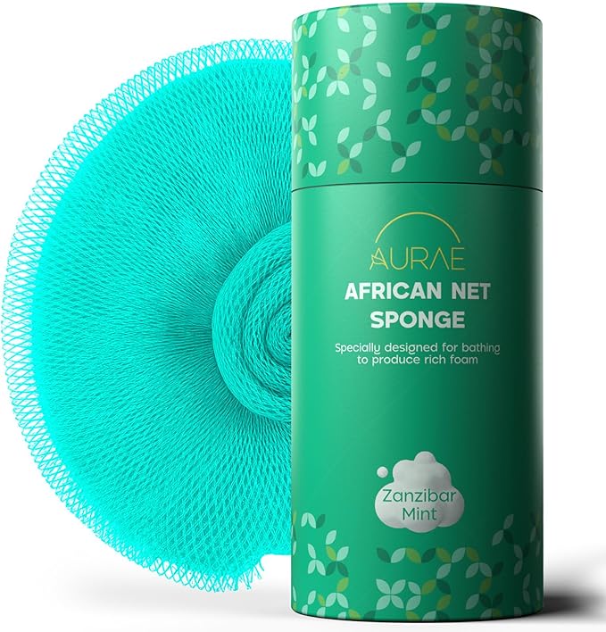 AURAE Premium African Net Sponge – Authentic Exfoliating Body Scrubber, 45-Inch, Quick-Drying – Mint