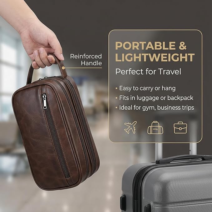 Men’s Toiletry Bag Travel Dopp Kit–double-deck PU Leather Water-Resistant Shaving Organizer Large Capacity, Double Compartments & Inner Pockets for Grooming, Bathroom & Gym Trip Toiletry Case(Coffee)