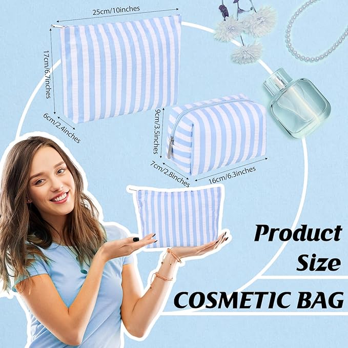 2 Pcs Makeup Bag Set Cute Cosmetic Pouch for Women Seersucker Travel Toiletry Bag Preppy Small Makeup Purse Pouch Aesthetic Skincare Brushes Storage Organizer for Valentine Women(Blue Wide)