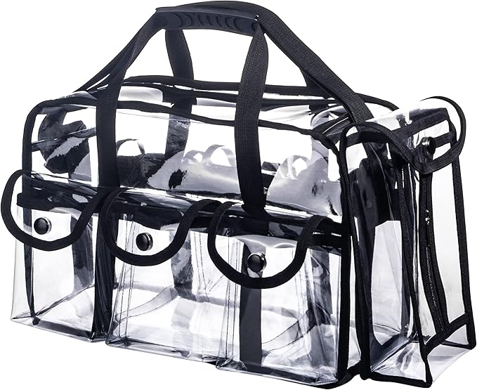Wide Open Large Professional Clear PVC Travel Makeup Artist Set Bag Cosmetic Nails Beauty Bags Transparent Vinyl Tool Organizer Beach Bags Diaper Bag with 6 External Pockets & Strap (Black)