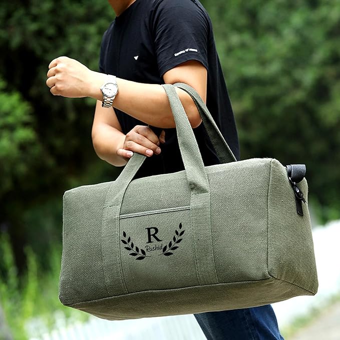 Flycalf Personalized Duffel Bag Travel for men Canvas Bag with Custom Name Foldable Shoe Compartment for Sports Gym