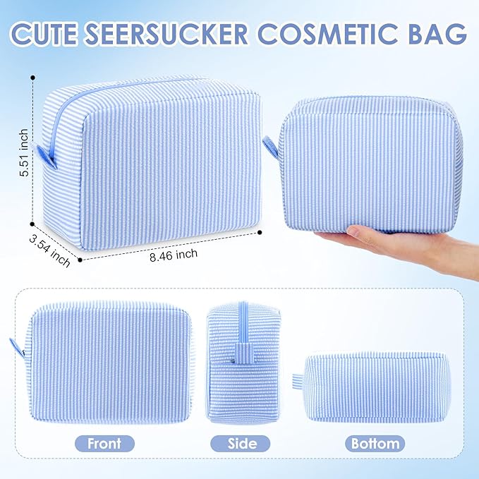 Sanwuta 6 Seersucker Cosmetic Bag Bulk Pinstripe Makeup Bag for Women Aesthetic Cute Travel Toiletry Organizer Preppy Storage Pouch for Wedding Bridesmaid Christmas Gift (Large,Light Blue)