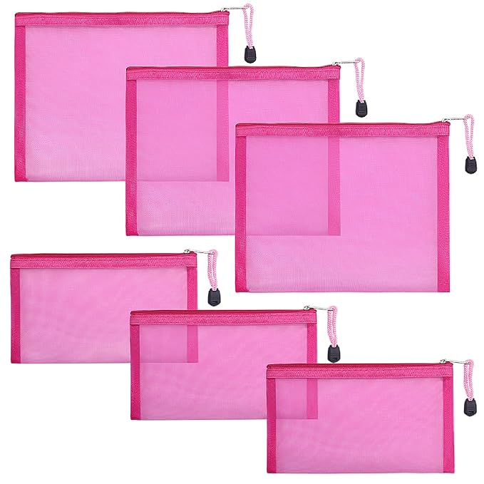 6 Pack Mesh Cosmetic Bags, Nylon Makeup Pouches with Zipper for Home Office Purse Diaper Bag (Rose)