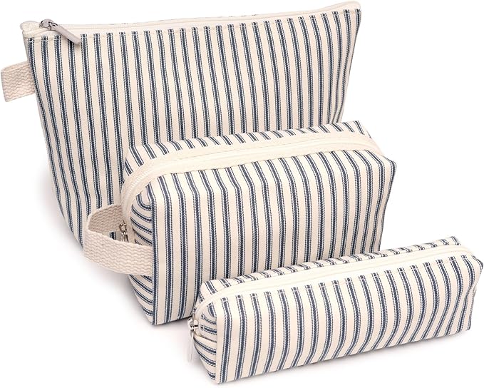 3 Pcs Canvas Makeup Bag Set Cosmetic Pouch for Women Travel Toiletry Bag Cute Makeup Organizer Purse Pouch Preppy Pencil Case with Zipper (Blue Pinstripes)