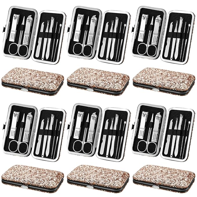 Geosar 12 Set 8 in 1 Manicure Set Stainless Steel Nail Clippers Kit Pedicure Care Tools with Leather Case Travel Grooming Kit Gift for Women Men Gift(Glitter Rose Gold)