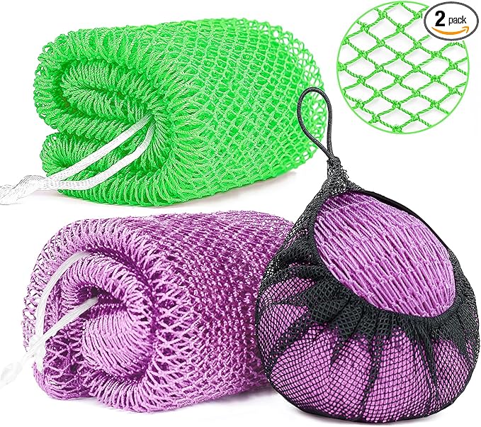 2 Pack African Net Sponge Exfoliating Body Scrubber Bath Sponge for Daily Use (Light Purple + Light Green)