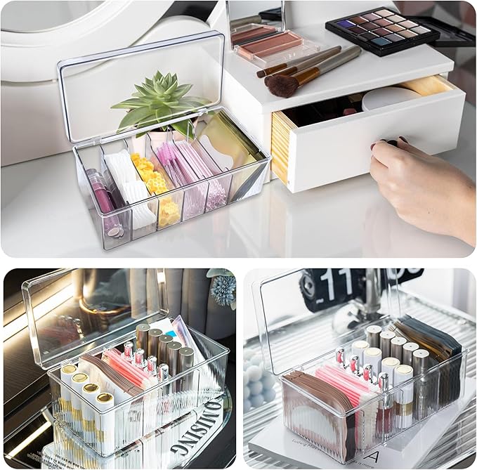 Acrylic Lash Extension Organizer with Lid, 6 Compartment Lash Cart Storage for Lash Techs, Clear Secure Lid Eyelash Supplies Organizer for Salon & Home Use