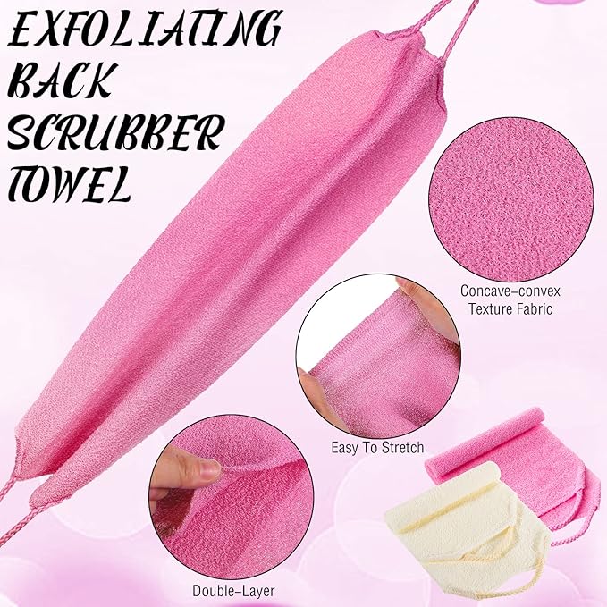 Back Scrubber for Shower Exfoliating Washcloth Back Cloth Body Extended Length Scrubber Towel Nylon Exfoliating Stretchable Pull Strap Wash Cloth for Bath Body Scrub Washcloth 2 Pack (Pink,White)