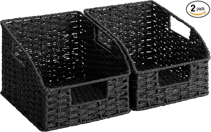 StorageWorks Pantry Organizers and Storage, Wicker Baskets with Handles, Pantry Baskets for Shelves, Paper Rope, Black， 2 Pack