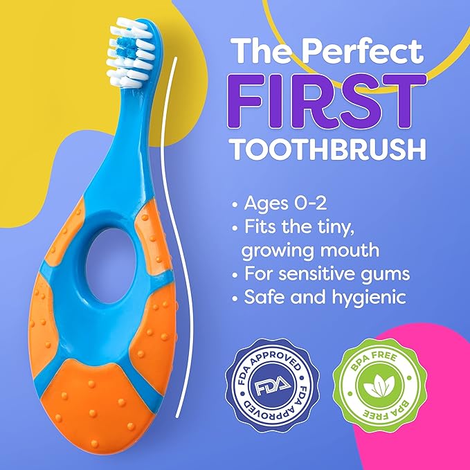 Baby Toothbrush 12 months and up - Toddler Toothbrush - Soft Bristles - Child Sized Brush Heads - infant toothbrush - Kids Tooth Brush - Easy Storage - BPA Free - Boy Set (4-Pack, Green, Orange, Blue)