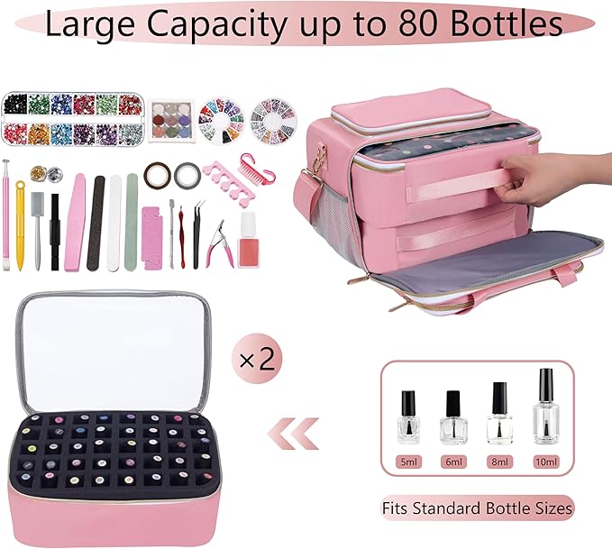 Nail Polish Organizer Holds 80 Bottles, with Two Removable Case, Portable Travel Nail Kit Storage Bag for Manicurist, Nail Art Enthusiasts,Pink