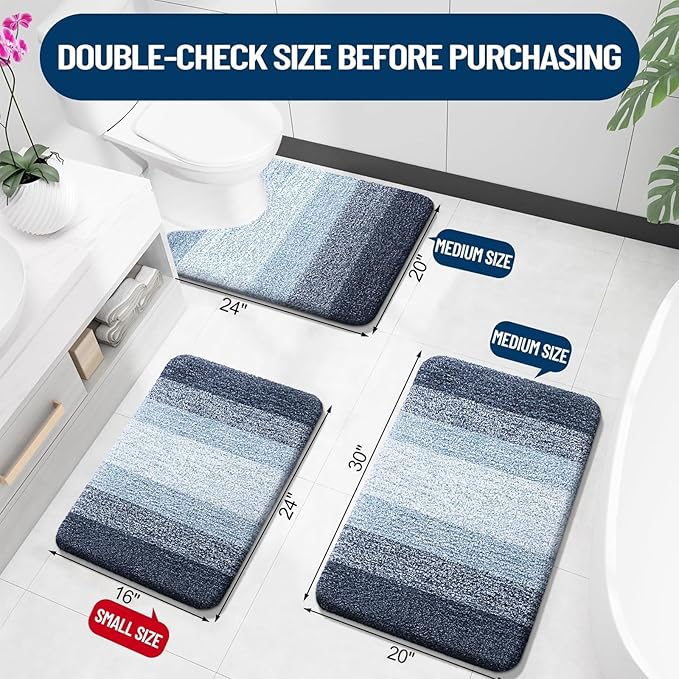 OLANLY Bathroom Rugs Sets 3 Piece, Soft Absorbent Microfiber Bath Mats and U-Shaped Contour Toilet Rug, Plush Shaggy Bath Mat Set for Bathroom (30"x20"+24"x16"+24"x20", Dark Blue)