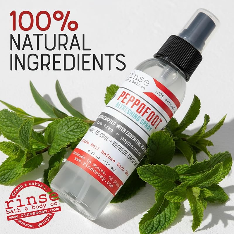 Rinse Bath & Body Peppermint Foot Spray - 4oz Handmade All Natural Cooling Foot Spray with Tea Tree Oil and Essential Oils, Vegan, Non-GMO, Gluten Free, Deodorizing Peppermint
