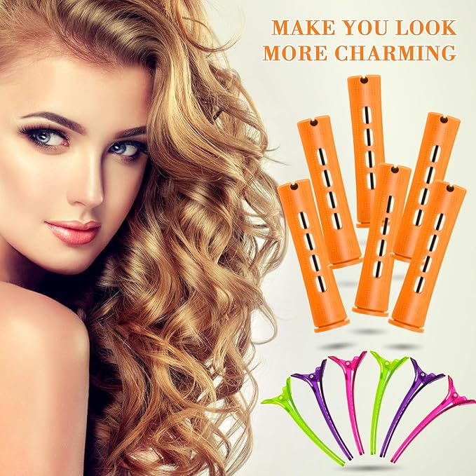 WILLBOND Hair Styling Kit: 48 Hair Perm Rods Plastic Cold Wave Rods, 2 Steel Pintail Combs, 350 Perm Papers, 6 Duck Bill Clips for Hairdressing Styling(Orange)