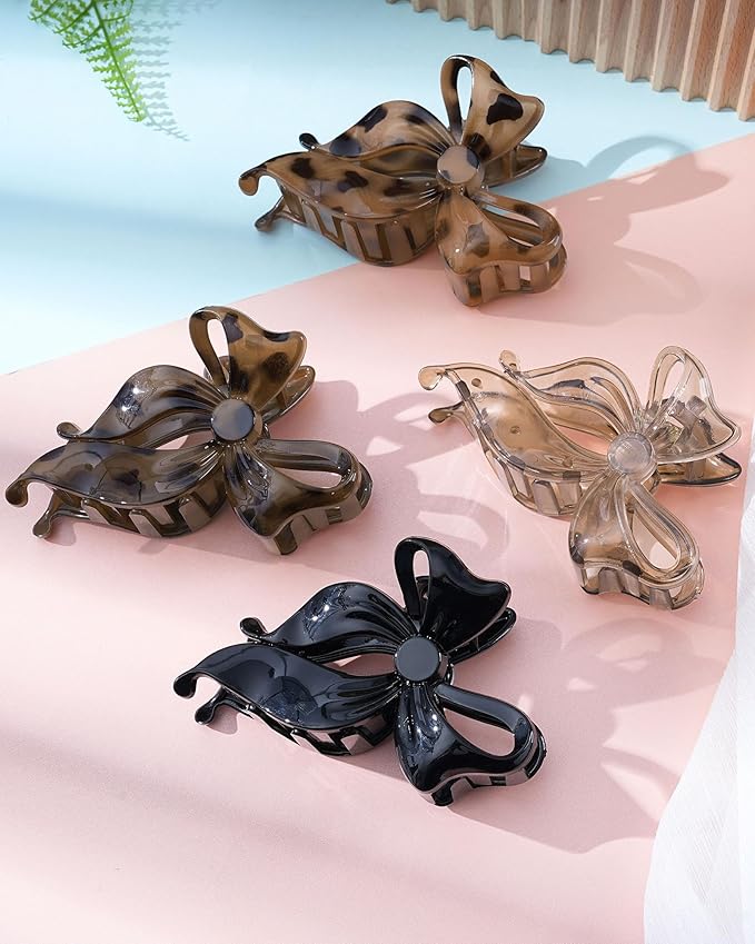 Mesovor 4 Pack Cute Bow Claw Clip for Women, Nonslip Large Matte Strong Hold Bows Hair Clips for Thin and Thick Hair | Chic Hair Styling Accessories (4.1" Black, Leopard)