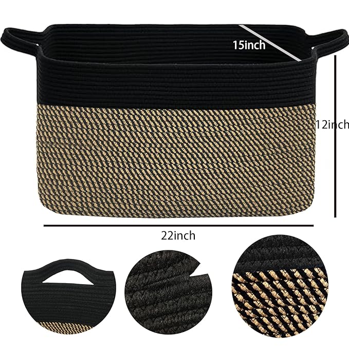 COMFY-HOMI Large Rectangular Blanket , Cotton Rope Woven for Storage, LaundryHamper, Storage ,Toy Organizing Bin with Handle, Organizer and Storage-22x15x12-Black/Jute