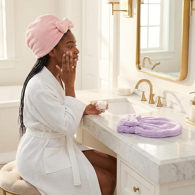 Microfiber Hair Towel Wrap for Women with Bow, Super Absorbent Quick Drying Hair Turban, Anti Frizz Hair Drying Cap for Curly Thick Frizzy Hair, Lightweight Towel for After Shower (Pink+ Coffee)