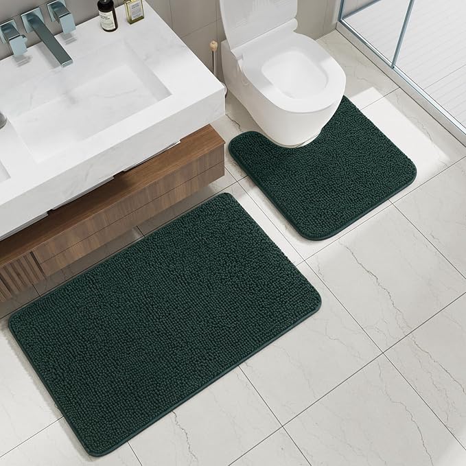 AROGAN Bathroom Rug Sets 2 Piece, 20"x20" U-Shaped Toilet Mat and 21"×34" Bath Mats Floor Set, Washable Bath Rug Set, Absorbent Soft Non Slip Bathroom Rug, Hunter Green