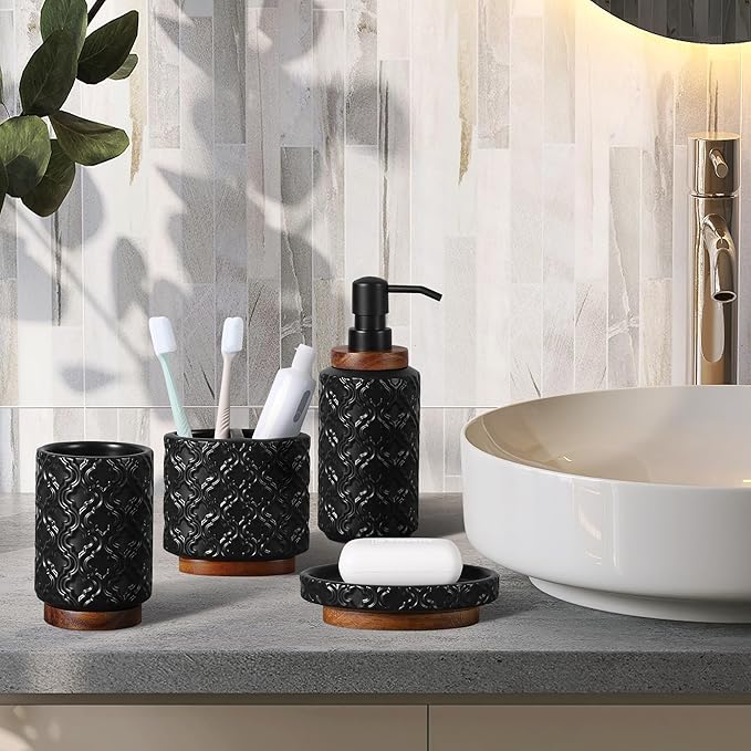Elegant Bathroom Accessories Set 4 PCS Ceramic and Wood Bathroom Accessory Set Soap Dispenser Toothbrush Holder Tumbler Soap Dish Easy to Clean Quatrefoil Pattern Black