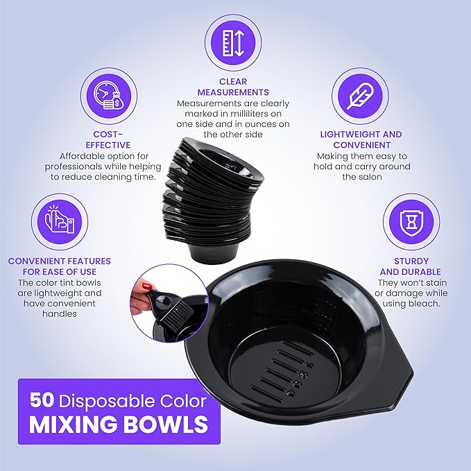 Disposable Dye Mixing Bowls 50 Pack - Plastic Color Containers for Salon and Professional Use - Lightweight Tools for Coloring Application
