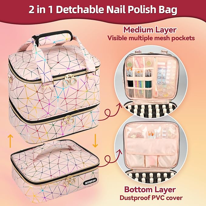 Nail Polish Organizer Bag Holds 126 Bottles (15ml/0.5fl.oz)& Nail Lamp, 3 Layers Detachable Nail Kit Storage Case PU Leather, Large Travel Nail Supplies Shoulder Bag for Manicure Tools (Pink)