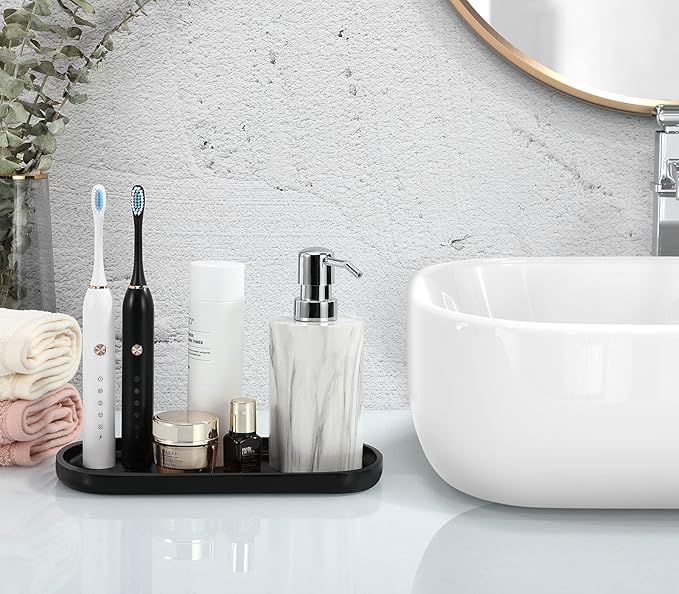 Luxspire Bathroom Vanity Tray, Oval Soap Dispenser Tray, 10" Kitchen Counter Trays, Handmade Resin Bathroom Tray for Counter, Toilet Tank Tray, Trinket Tray for Perfume Jewelry, Small, Matte Black