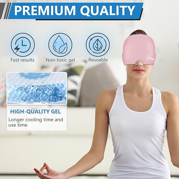 Migraine Relief Cap, All Around Gel Covered Reusable Headache Relief Cap, Black Migraine Cap for Headache Relief, Puffy Eyes (Pink)