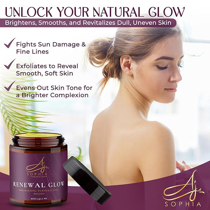 AJ Sophia’s Turmeric Body Polish Scrub – Renewal Brightening & Exfoliating Skincare with Vitamin E & Glycerin – Body Scrub for Glowing Skin, Dark Spots, Uneven Tone & Texture – All Skin Types, 8 fl oz