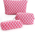 3 Pcs Makeup Bag Cosmetic Bag Set for Girls Women Checkered Travel Organizer Bathroom Toiletry Pouch Large Capacity Storage Bag (Rose-Red)