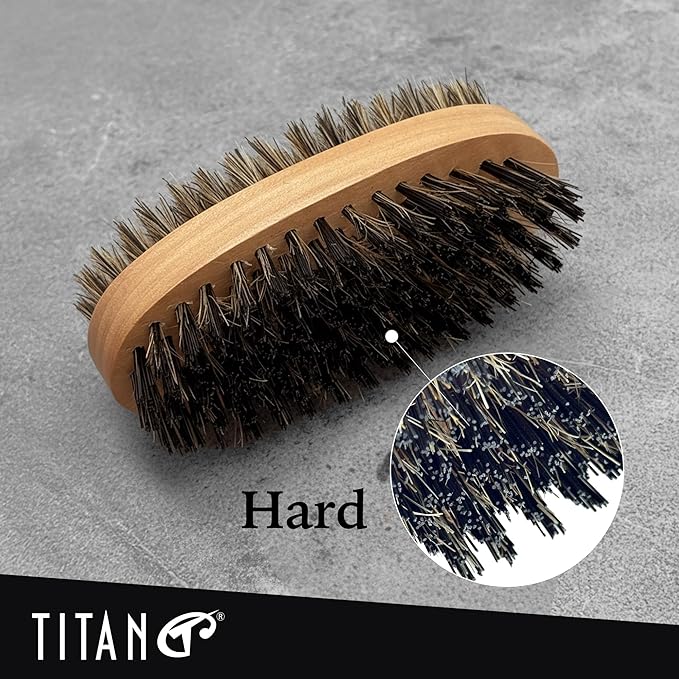 TITAN Double Sided Military Hair Brush – Soft & Hard Boar Bristle Wave Brush for Men – Dual-Sided Palm Brush with Wooden Handle for 360 Waves, Beard, and Hair Grooming