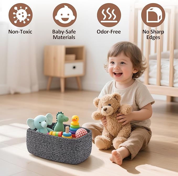 5-Pack Small Woven Rope Storage Baskets – 2 Sizes Organizer Bins for Closet, Shelf, Bookshelf, Nursery, Changing Table, Fabric Cube Boxes, Rectangular Shallow Bins for Bathroom, Toy & Home