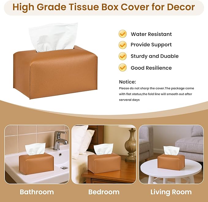 Long Tissue Box Cover, PU Leather Tissue Holder Rectangle, Facial Paper Organizer, Modern Dispenser for Bathroom, Kitchen, Home, Office, Tabletop (1, Brown, Short)