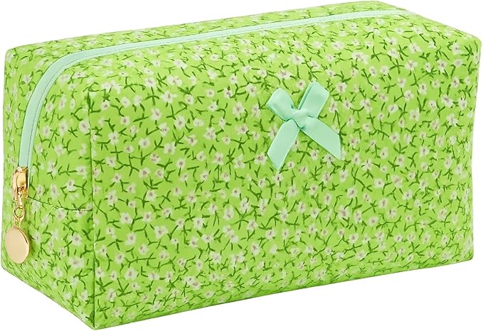 Floral Quilted Cotton Makeup Bag for Women, Large Capacity Travel Cosmetic Pouch with Zipper, Cute Toiletry & Brush Organizer, Kawaii Makeup Storage Case – Green Floral