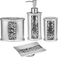 Zahari Home 4pc Sinatra Stylish Bathroom Accessories Set Liquid Soap Dispenser, Tumbler, Tooth Brush Holder and Soap Dish Modern Classic Luxury Decor Bling Mosaic Glass Silver Bathroom Accessories