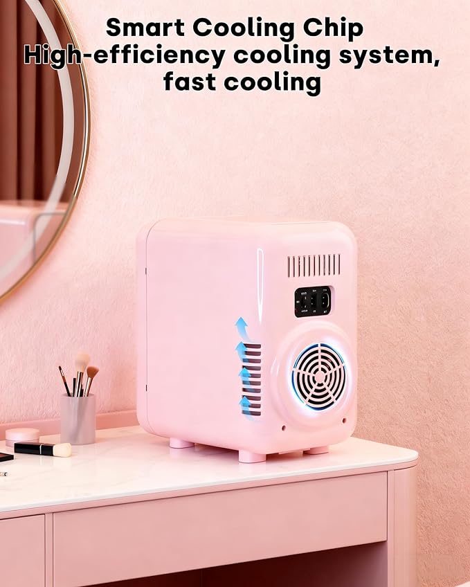 Enventor Mini Skincare Fridge Small Refrigerator for Bedroom, Beauty Fridge for Makeup with Dimmable LED Mirror, 6 L / 8 Cans Compact Portable Cooler for College Dorm, Office, Car, Pink