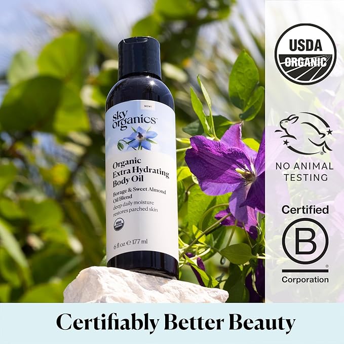 Sky Organics Organic Extra Hydrating Body Oil, Nourishing Organic Skin Care with Borage, Acai & Sweet Almond Oil, Nourishing Hydration for Softer, Smoother, Refreshing Orange & Spearmint Scent,