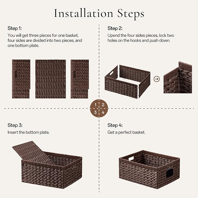 UBBCARE Storage Baskets with Label, Wicker Pantry Baskets for Shelves, Waterproof Woven Basket for Organizing, 2-Pack Plastic Rectangle Organizers with Handles,Dark Brown (13.4L×8.3H×7.1W)