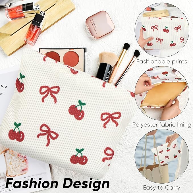 Cute Makeup Pouch for Women Bow Cherry Small Make Up Bag for Purse Zipper Initial Cosmetic Bags Pouches for Purse Aesthetic Travel Toiletrybags,Red Cherries Bows
