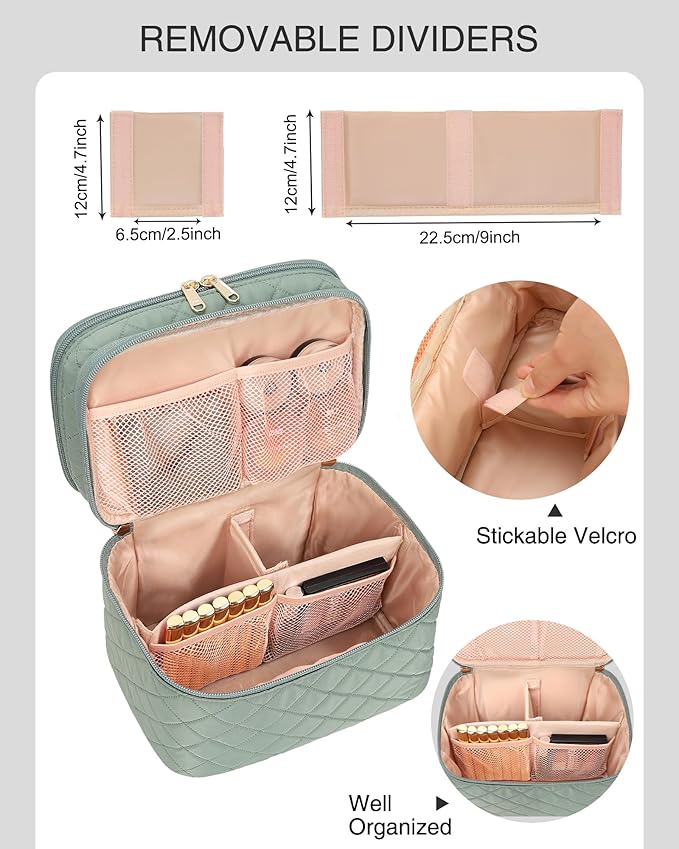 Relavel Makeup Travel Bag, Large Capacity Cosmetic Bags for Women, Makeup Brush Holder Storage Travel Case Waterproof Portable Make Up Bag with Dividers, Diamond Green